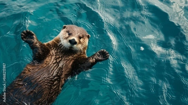 Fototapeta Floating Otter in Clear Blue Water, ai genarative