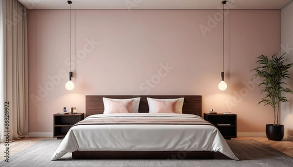 Fototapeta A minimalist hotel room with a plain wall backdrop, adorned in subtle and soft hues, creating a calm and modern environment for guests to relax and enjoy their stay, Generative AI
