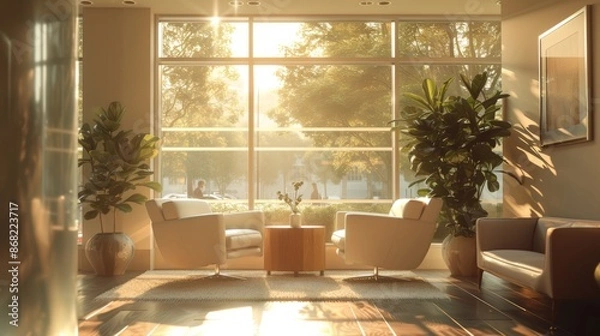 Fototapeta A Living Room with Two Chairs and a Table in Front of a Large Window - Generative AI
