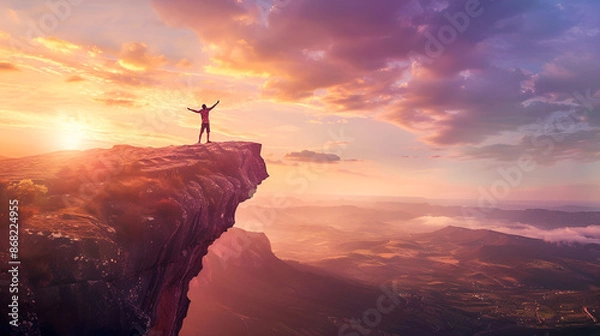 Obraz A Man Soaring Above Cliff at Sunrise: Empowering Leap into Freedom