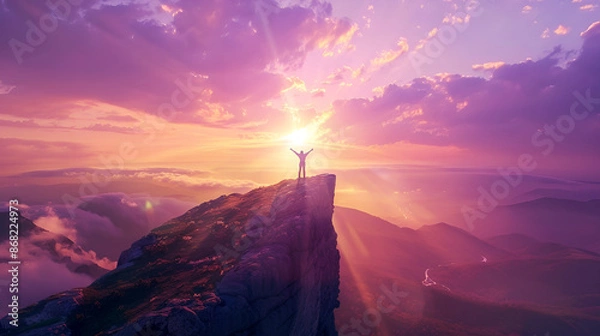 Obraz A Man Soaring Above Cliff at Sunrise: Empowering Leap into Freedom
