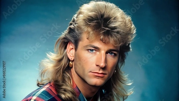 Fototapeta Retro 1980s nostalgic aesthetic featuring iconic mullet hairstyle symbolizing playful eccentricity and whimsical vintage fashion sensibilities of a bygone era.