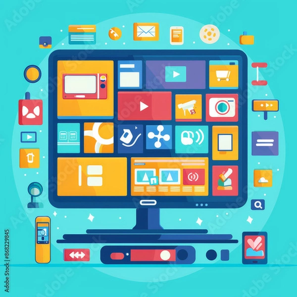 Fototapeta Flat-style vector illustration depicting a smart TV concept, featuring apps and a video player displayed on the screen, along with a remote control.