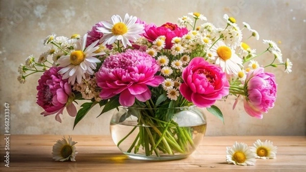 Fototapeta Vibrant bouquet of freshly picked peonies, daisies, and baby's breath arranged artfully in a modern clear glass vase on cream surface.