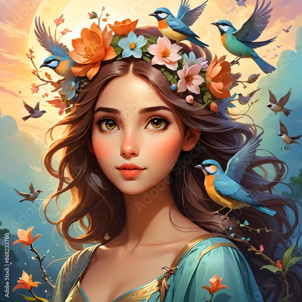 Obraz illustration of girl with flower on her head and birds vector isolated. Generative AI.	