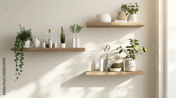 Fototapeta A minimalist design wall featuring sleek shelves holding curated decor.
