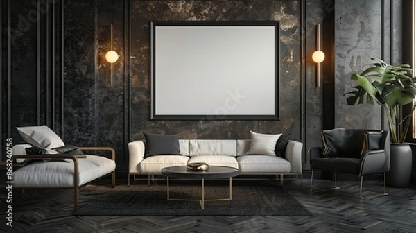 Fototapeta Elegant black and white living room with a large empty frame hanging on the wall. The room was equipped with a sofa, two chairs, a table and a vase of flowers as well as a large window