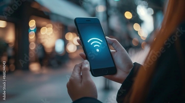 Obraz 街中でWi-Fiの電波を探すスマートフォンを持つ女性
