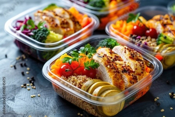 Fototapeta Colorful lunch boxes filled with nutritious meals for the week, including grilled chicken, quinoa salad, and steamed vegetables