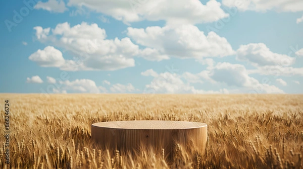 Obraz empty wooden podium in wheat field against clouds blue sky for product placement.