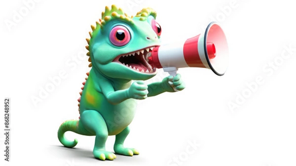 Obraz Announcement concept. Excited cute cartoon chameleon appears shouting through a megaphone on a transparent background
