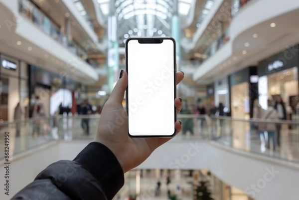 Fototapeta Woman hand holding a mobile smart phone with a blank screen inside a contemporary shopping mall. It serves as a mockup template