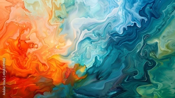 Fototapeta Oil painting of 'Temporal Flow': fluid brushstrokes blend blues, greens, oranges, and reds to depict time's passage. Translucent layers add depth, with swirling waves suggesting time's dynamic fluidit
