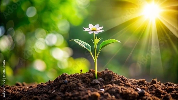 Fototapeta Germinating seedling grows into sprout with roots and tiny leaves, progressing to mature plant with blooming flowers and foliage.
