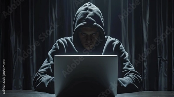 Fototapeta Hooded Hacker in Dark Room. Cybercrime, Data Theft, and Online Security Threats