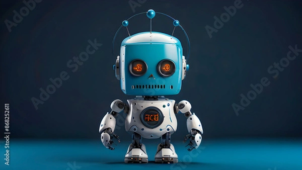 Fototapeta Cute Blue Robot Design with Matching Blue Background, AI, ML, Futuristic wallpaper background