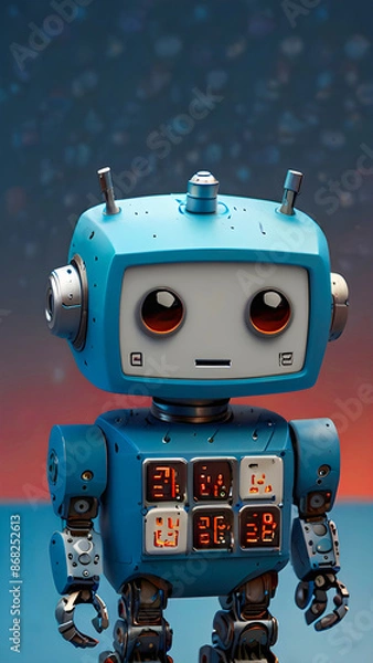 Fototapeta Cute Blue Robot Design with Matching Blue Background, AI, ML, Futuristic wallpaper background