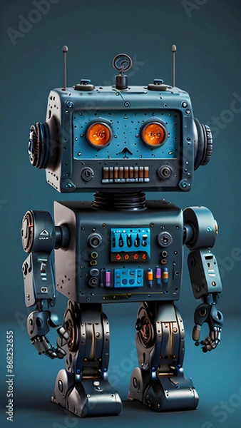 Fototapeta Cute Blue Robot Design with Matching Blue Background, AI, ML, Futuristic wallpaper background