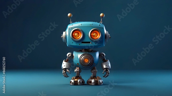 Fototapeta Cute Blue Robot Design with Matching Blue Background, AI, ML, Futuristic wallpaper background