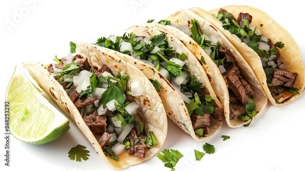 Obraz Street tacos with grilled steak, cilantro, onions, and lime wedges, authentic Mexican style, isolated on white background, copy space