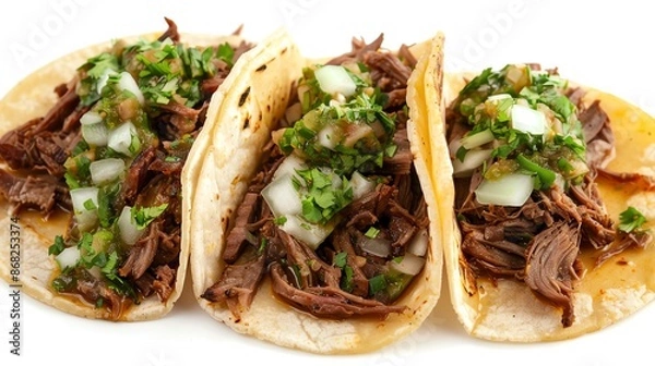 Fototapeta Beef barbacoa tacos with tender shredded beef, onions, and salsa verde, rich and flavorful, isolated on white background, copy space