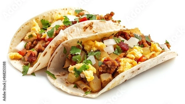 Obraz Breakfast tacos with scrambled eggs, chorizo, and potatoes, hearty morning meal, isolated on white background, copy space