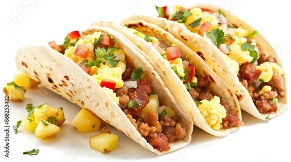 Obraz Breakfast tacos with scrambled eggs, chorizo, and potatoes, hearty morning meal, isolated on white background, copy space