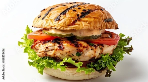 Obraz Chicken burger with grilled chicken breast, lettuce, tomato, and mayo, light and tasty, isolated on white background, copy space