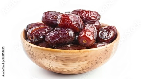 Obraz Closeup of fresh Medjool dates in a bowl, plump and juicy, isolated on white background, copy space