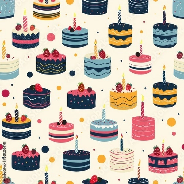 Fototapeta Fun and festive pattern featuring colorful birthday cakes with candles on a cream background, ideal for celebration and party themes.Seamless.
