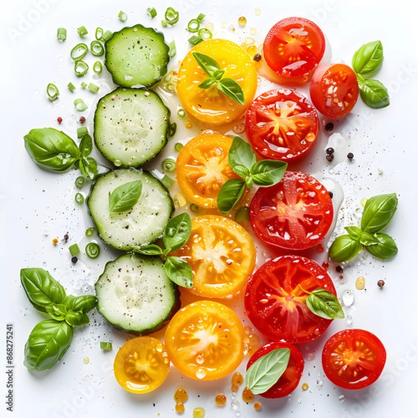 Fototapeta Fresh vegetables, sliced cucumber and tomato, flat lay, top view