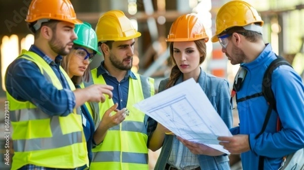Fototapeta A group of engineers in hard hats and reflective vests discussing blueprints on a construction site, showcasing teamwork and planning.