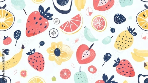 Fototapeta A seamless pattern of fruit and flowers on a white background.