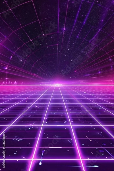 Fototapeta Neon Grid Retro Futuristic Landscape Background