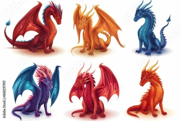 Fototapeta Dragons icon set, dino symbols, 3d realistic dinosaurs isolated, monster animals