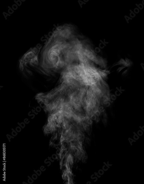 Fototapeta Steam, smoke, vapor isolated on black background. Smoke steam spray, abstract vaporing water, texture of cold mist, hot vapor, fog effect closeup, black screen. Hot food, drink. Overlay using