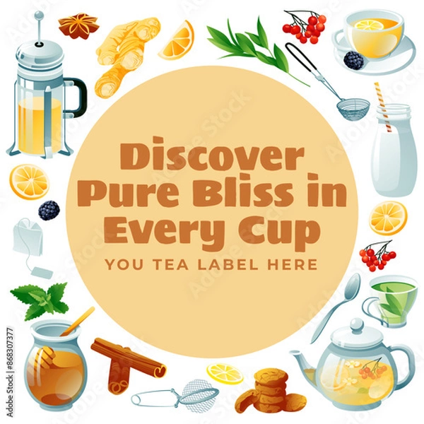 Fototapeta A set of tea items. Square and round composition. Vector illustration. Green, black, herbal teapot, cup and symbols. Vector illustration