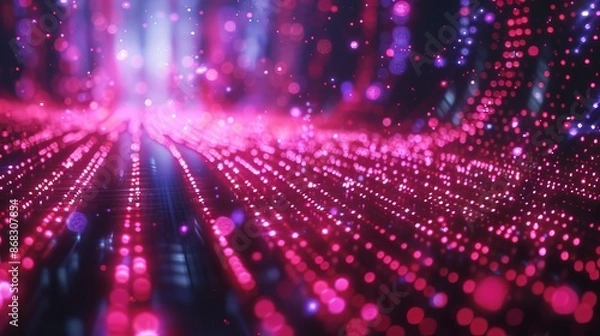 Fototapeta 3d rendering of abstract particles in cyberspace. Futuristic background with depth of field and bokeh