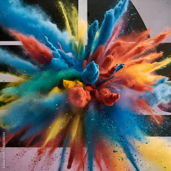 Obraz Colored powder explosion. Abstract closeup dust on backdrop. Colorful explode.