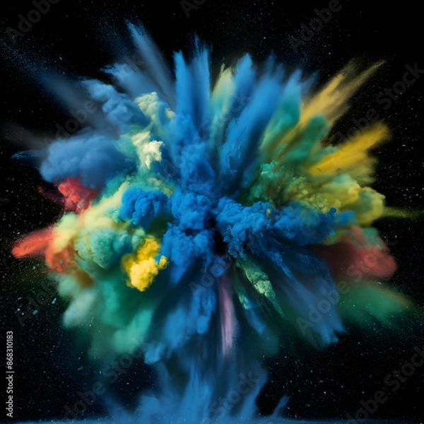 Obraz Colored powder explosion. Abstract closeup dust on backdrop. Colorful explode.