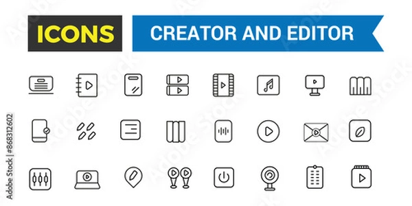 Obraz Creator and Editor icons collection. Set of editor icons for ui design isolated. Outline icons pack. Editable vector icon set and illustration for web and UI.