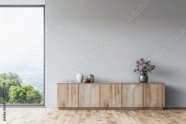 Fototapeta Stylish sideboard in a room with no people next to a window bathing the room with natural lighting. Elegant Real Estate interiors composition with minimal furniture.