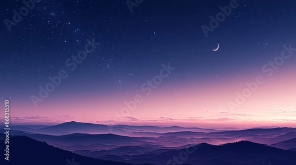 Fototapeta A View of the Night Sky over a Mountain Range with a Crescent Moon - Generative AI