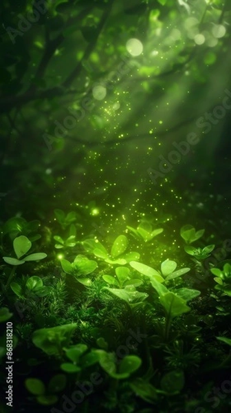 Fototapeta Saussurea involucrata surrounded by mystical glowing lights and lush green foliage in an enchanting forest scene