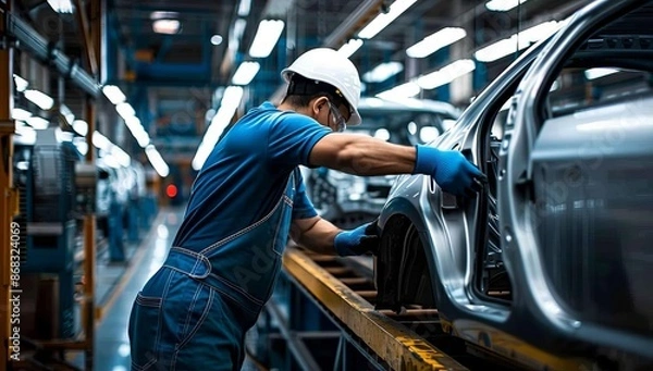 Obraz Worker in Car Manufacturing Plant with Blue Color Scheme