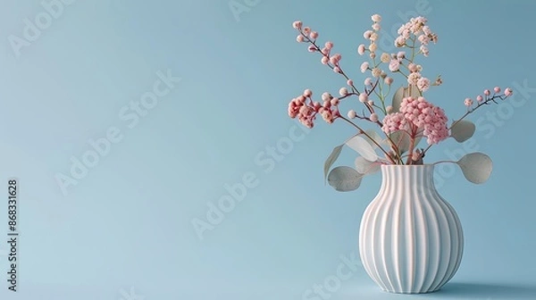 Fototapeta Delicate pink and white flowers in a modern white vase on a blue background. Minimalist floral arrangement for home decor. Concepts. simplicity, elegance, spring, beauty