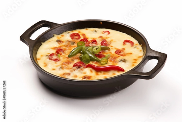 Fototapeta Queso Fundido and melted cheddar cheese in black hot pot with shadow isolated on white background