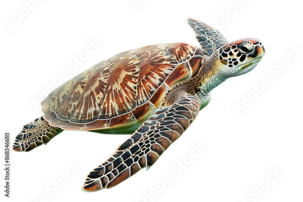 Fototapeta A detailed image of a sea turtle swimming gracefully isolated on a white background, showcasing its intricate shell and flippers.