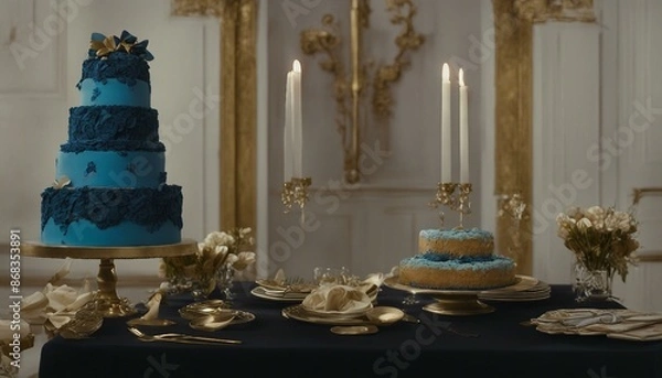 Fototapeta A three-tiered blue wedding cake on top of a black table, gold number one at front edge indicating first birthday celebration with cups and bowls around the area near the cake.
