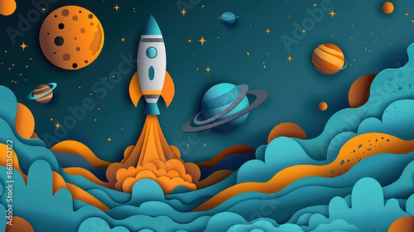 Fototapeta Paper Cut Style Rocket and Planets Illustration